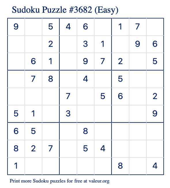 Free Printable Easy Sudoku Puzzle number 3682