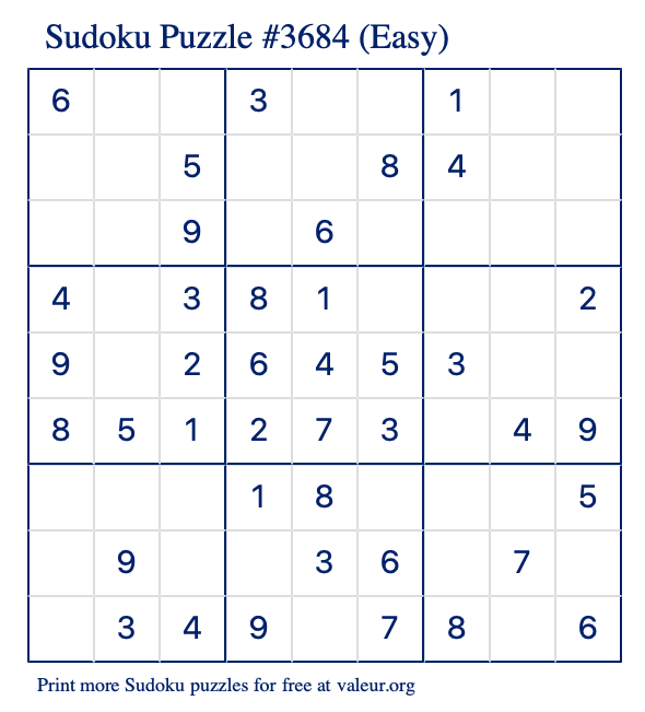 Free Printable Easy Sudoku Puzzle number 3684