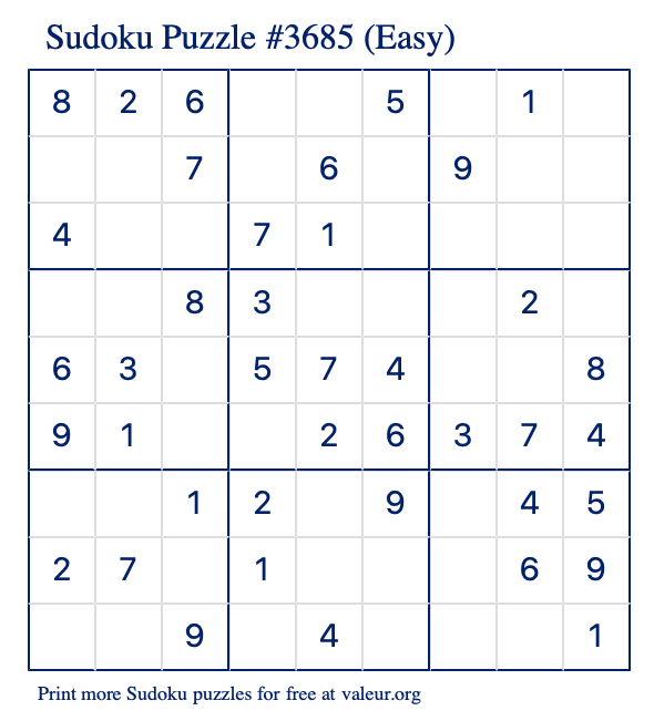 Free Printable Easy Sudoku Puzzle number 3685