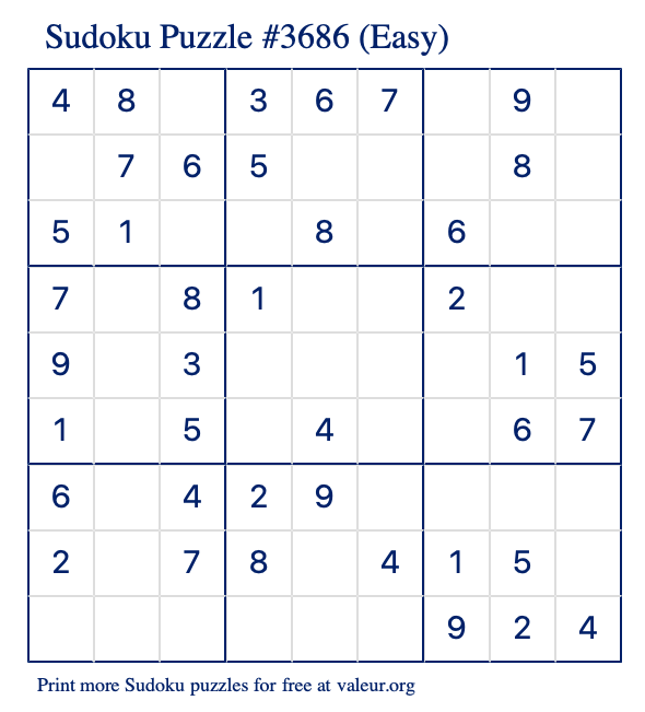 Free Printable Easy Sudoku Puzzle number 3686