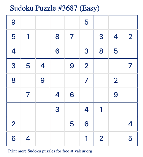 Free Printable Easy Sudoku Puzzle number 3687