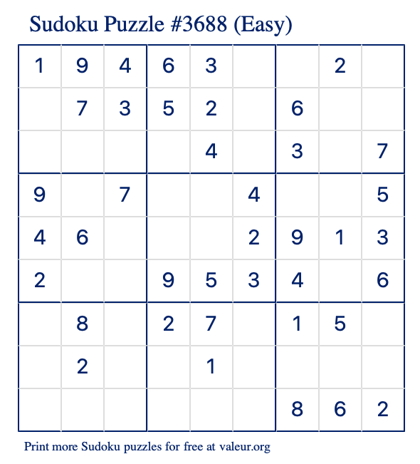 Free Printable Easy Sudoku Puzzle number 3688