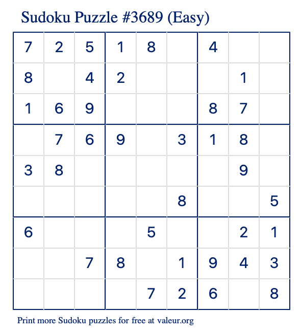 Free Printable Easy Sudoku Puzzle number 3689