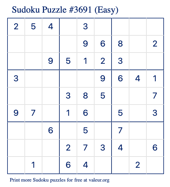 Free Printable Easy Sudoku Puzzle number 3691