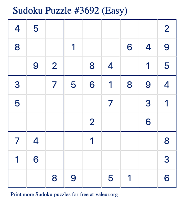 Free Printable Easy Sudoku Puzzle number 3692