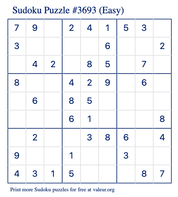 Free Printable Easy Sudoku Puzzle number 3693