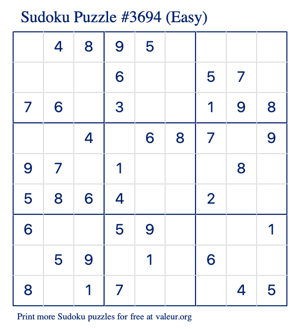 Free Printable Easy Sudoku Puzzle number 3694