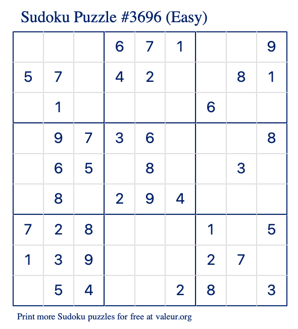 Free Printable Easy Sudoku Puzzle number 3696