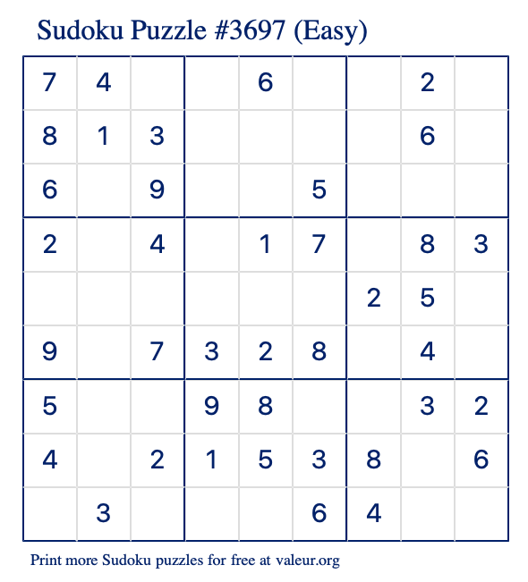 Free Printable Easy Sudoku Puzzle number 3697