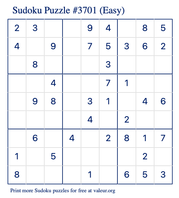 Free Printable Easy Sudoku Puzzle number 3701