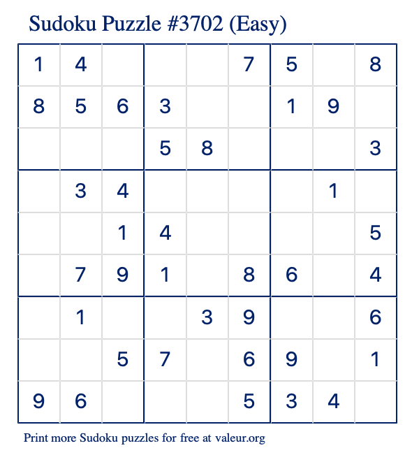 Free Printable Easy Sudoku Puzzle number 3702