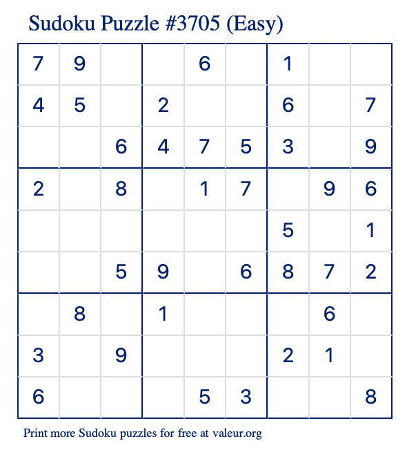 Free Printable Easy Sudoku Puzzle number 3705