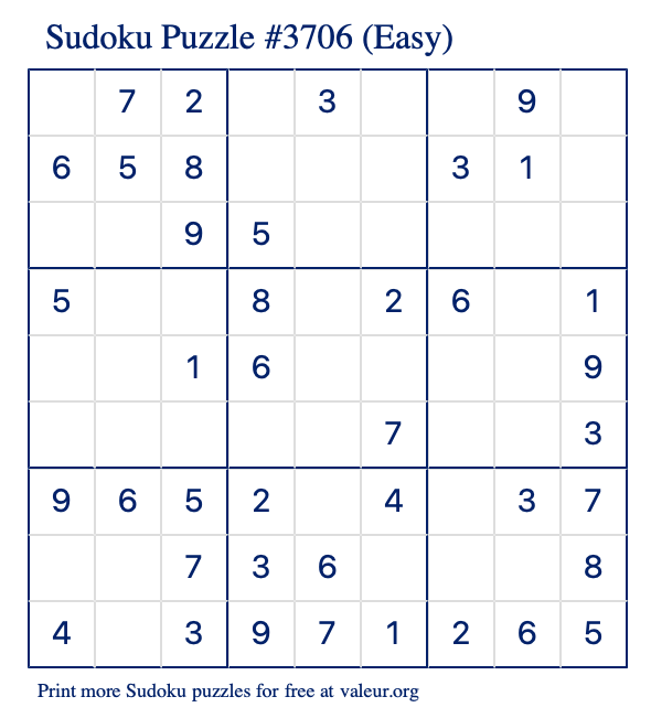 Free Printable Easy Sudoku Puzzle number 3706