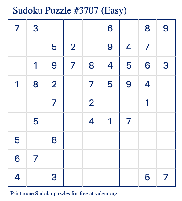 Free Printable Easy Sudoku Puzzle number 3707