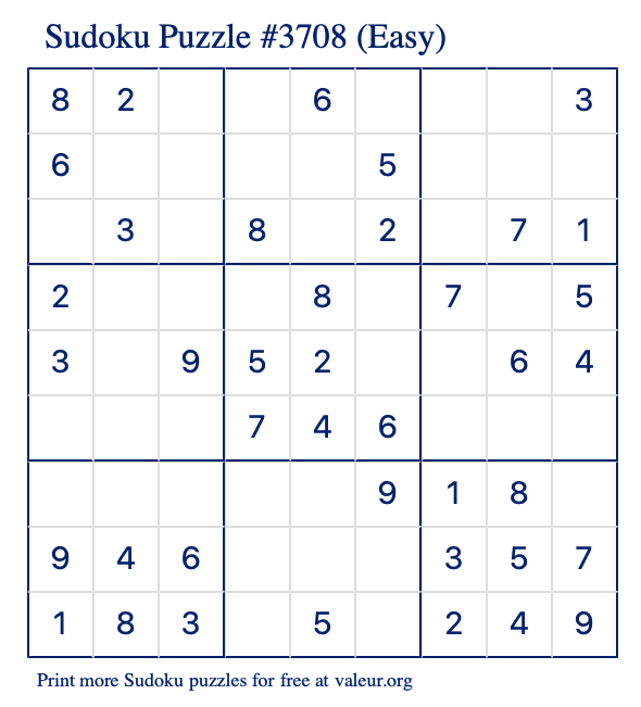 Free Printable Easy Sudoku Puzzle number 3708