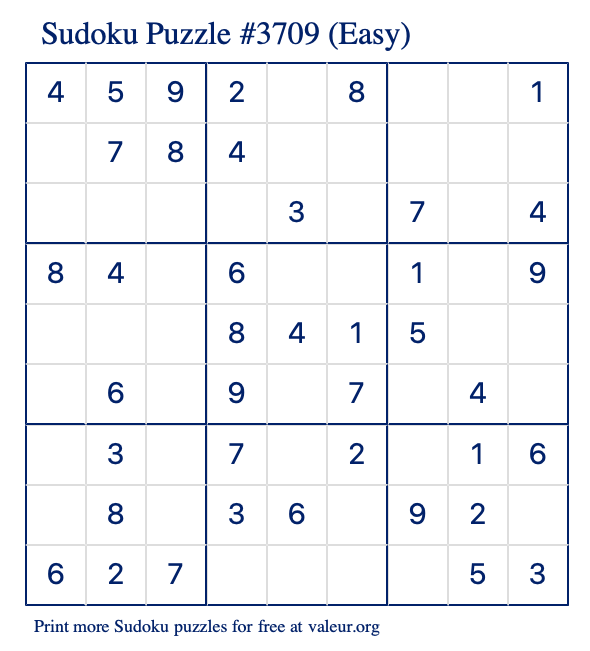 Free Printable Easy Sudoku Puzzle number 3709