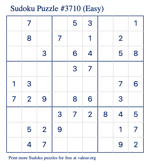 Free Printable Easy Sudoku Puzzle number 3710