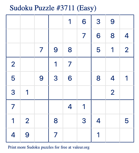 Free Printable Easy Sudoku Puzzle number 3711