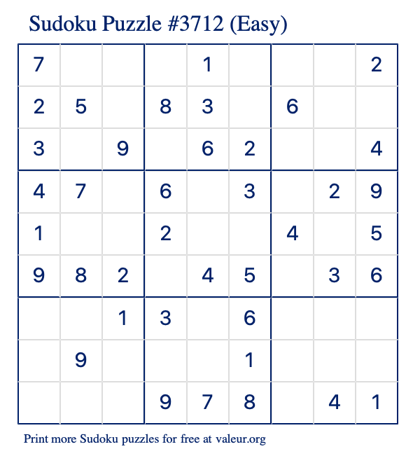Free Printable Easy Sudoku Puzzle number 3712