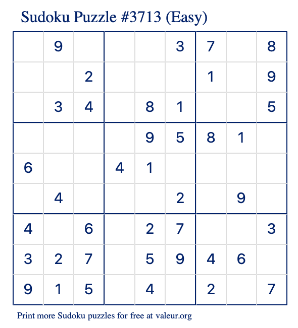 Free Printable Easy Sudoku Puzzle number 3713
