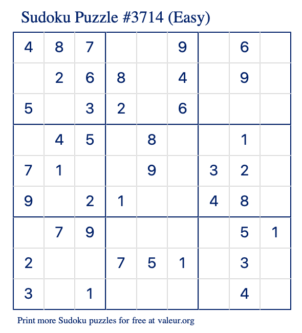 Free Printable Easy Sudoku Puzzle number 3714