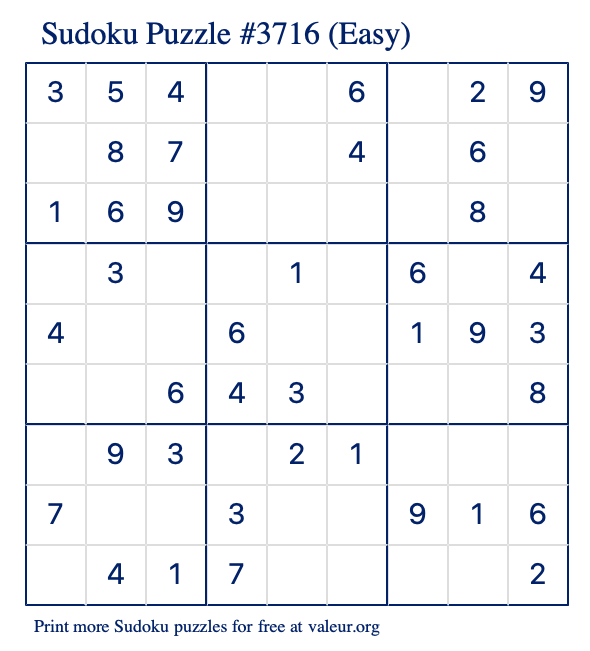 Free Printable Easy Sudoku Puzzle number 3716