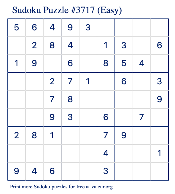 Free Printable Easy Sudoku Puzzle number 3717