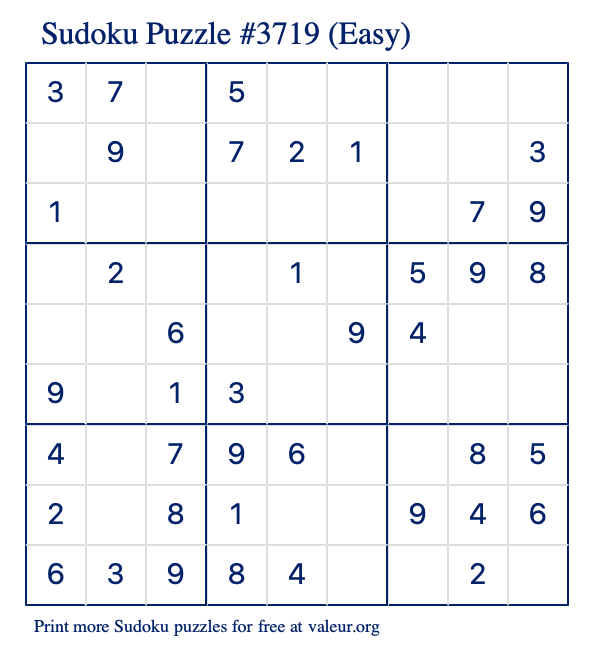 Free Printable Easy Sudoku Puzzle number 3719