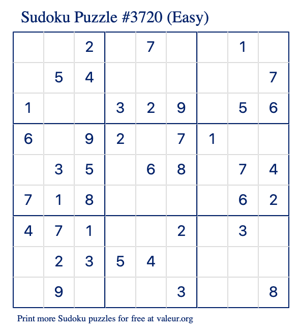 Free Printable Easy Sudoku Puzzle number 3720