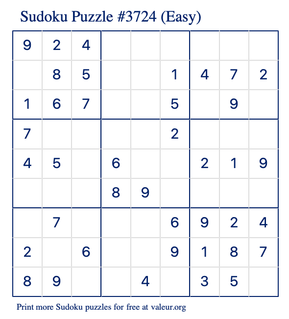 Free Printable Easy Sudoku Puzzle number 3724