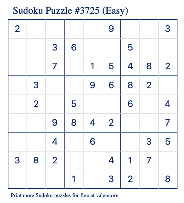 Free Printable Easy Sudoku Puzzle number 3725