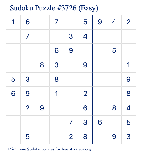 Free Printable Easy Sudoku Puzzle number 3726