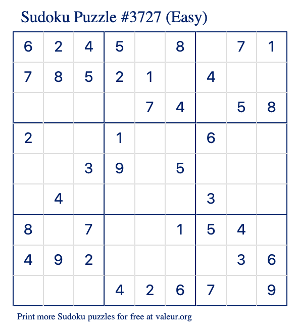 Free Printable Easy Sudoku Puzzle number 3727