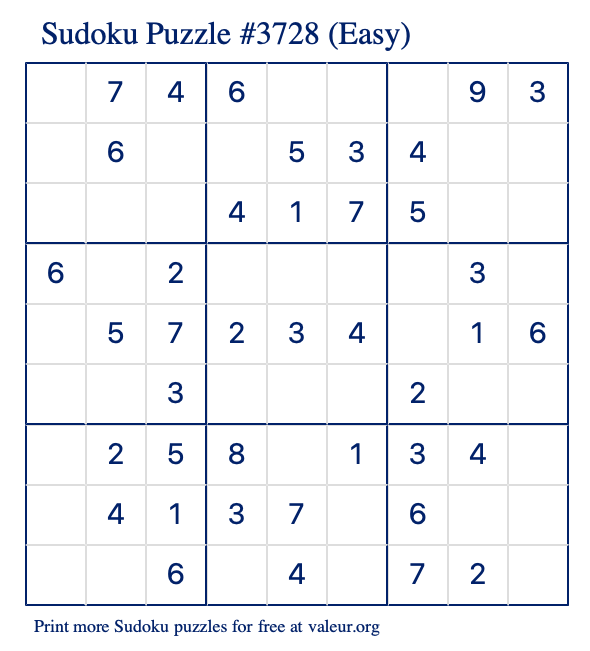 Free Printable Easy Sudoku Puzzle number 3728