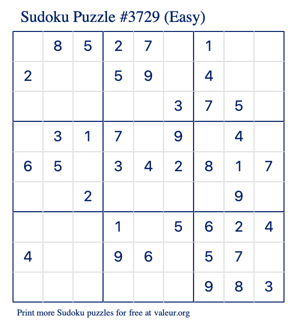 Free Printable Easy Sudoku Puzzle number 3729