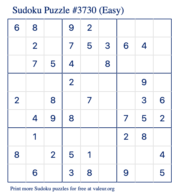 Free Printable Easy Sudoku Puzzle number 3730
