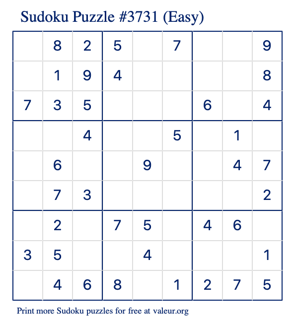 Free Printable Easy Sudoku Puzzle number 3731