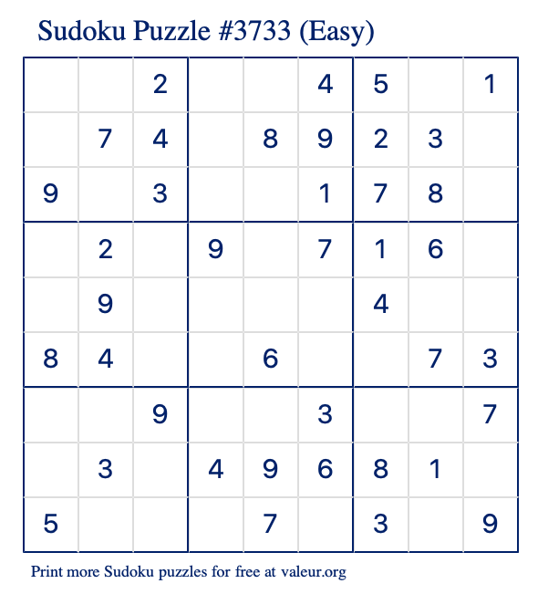 Free Printable Easy Sudoku Puzzle number 3733