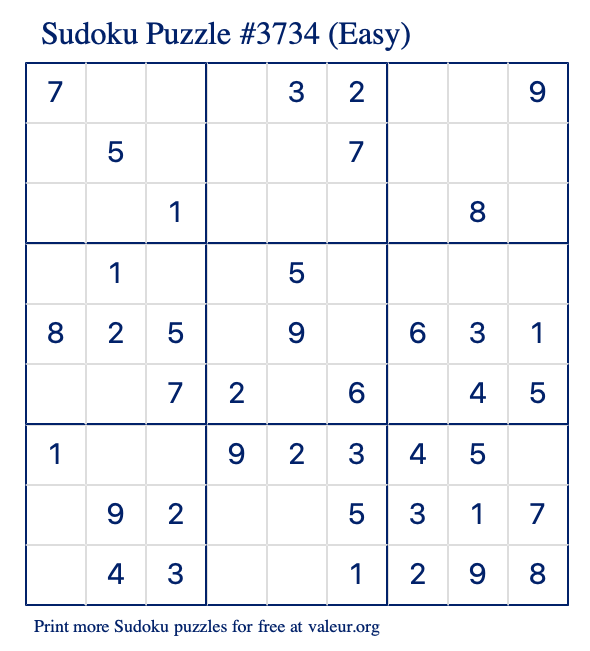 Free Printable Easy Sudoku Puzzle number 3734