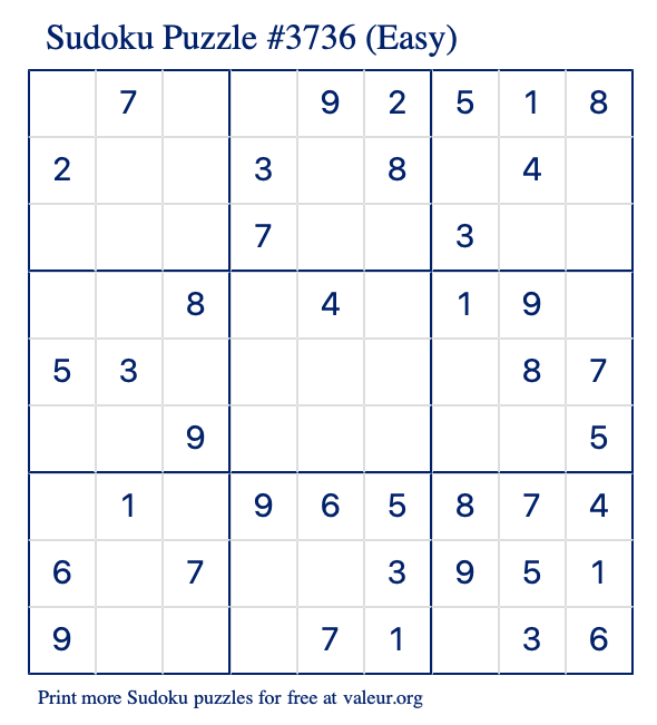 Free Printable Easy Sudoku Puzzle number 3736