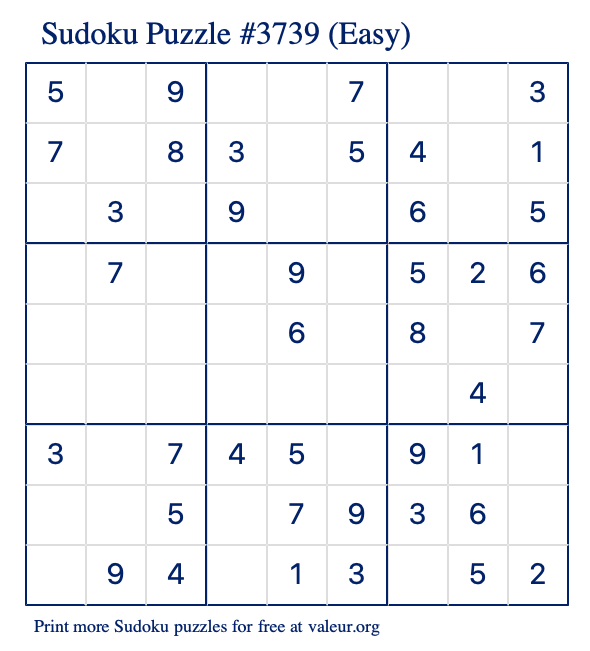 Free Printable Easy Sudoku Puzzle number 3739