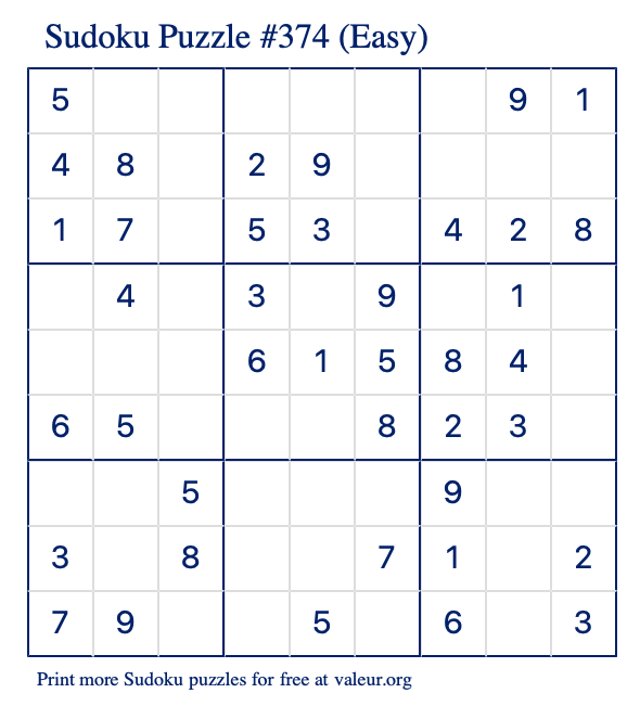 Free Printable Easy Sudoku Puzzle number 374