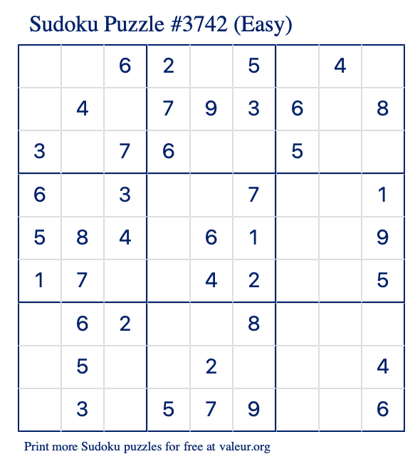 Free Printable Easy Sudoku Puzzle number 3742