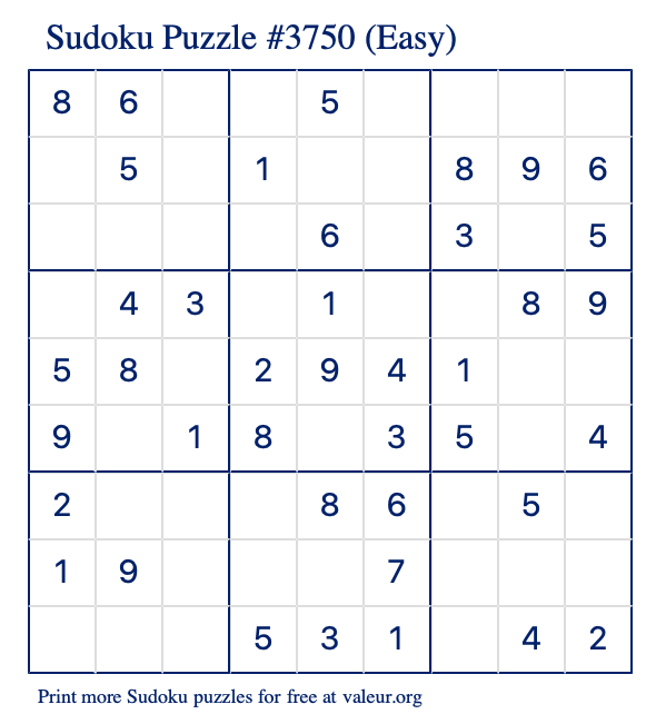 Free Printable Easy Sudoku Puzzle number 3750