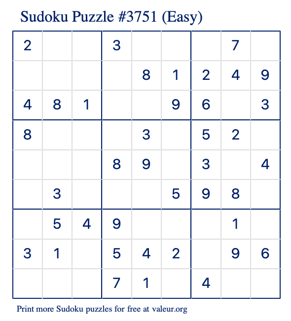 Free Printable Easy Sudoku Puzzle number 3751