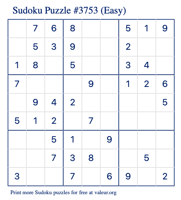 Free Printable Easy Sudoku Puzzle number 3753