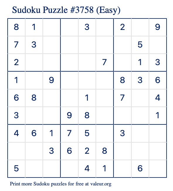 Free Printable Easy Sudoku Puzzle number 3758