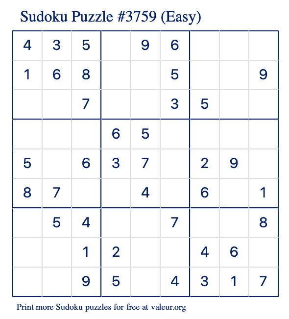 Free Printable Easy Sudoku Puzzle number 3759