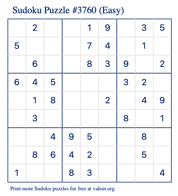 Free Printable Easy Sudoku Puzzle number 3760