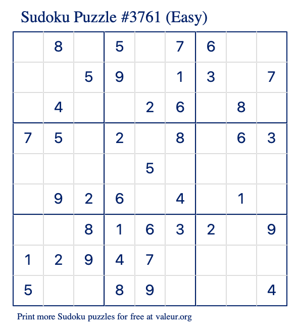 Free Printable Easy Sudoku Puzzle number 3761